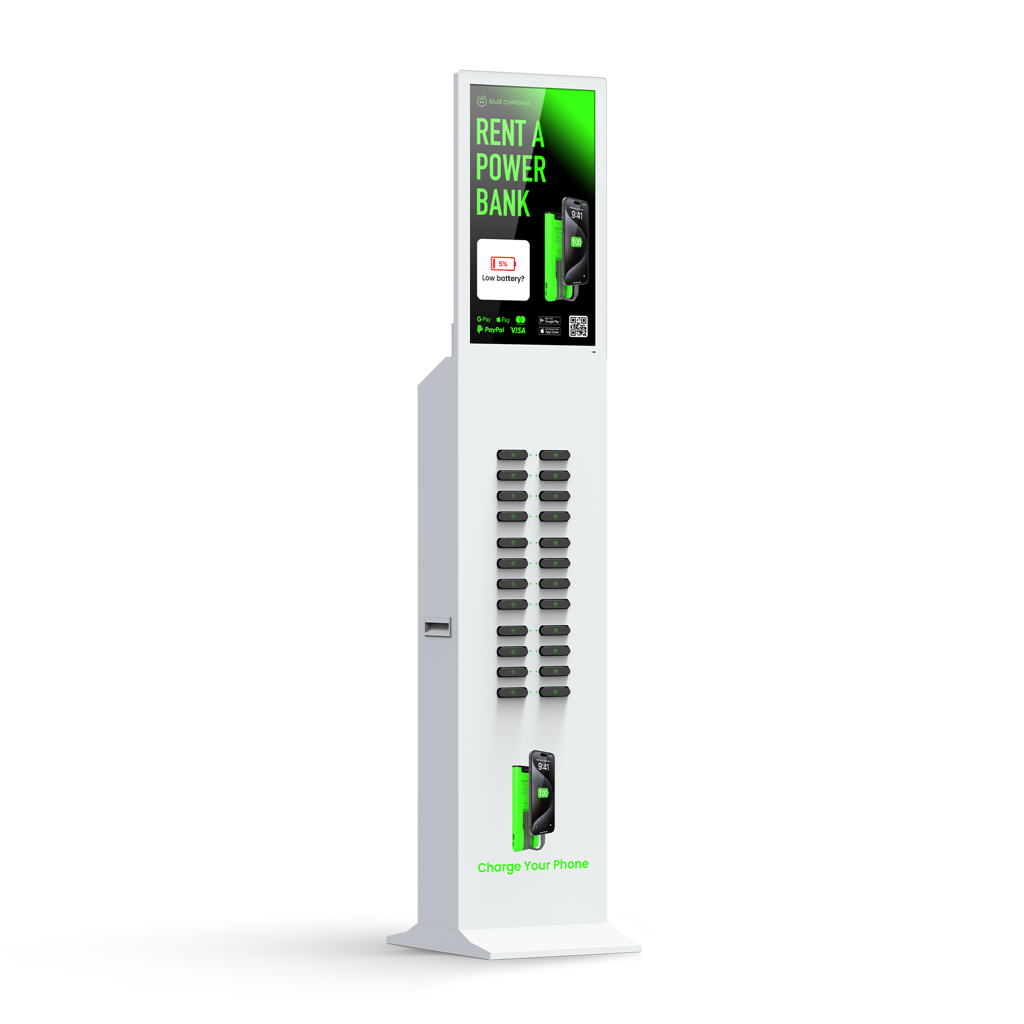 With advertising screen, suitable for places with high traffic, such as shopping malls, museums.
