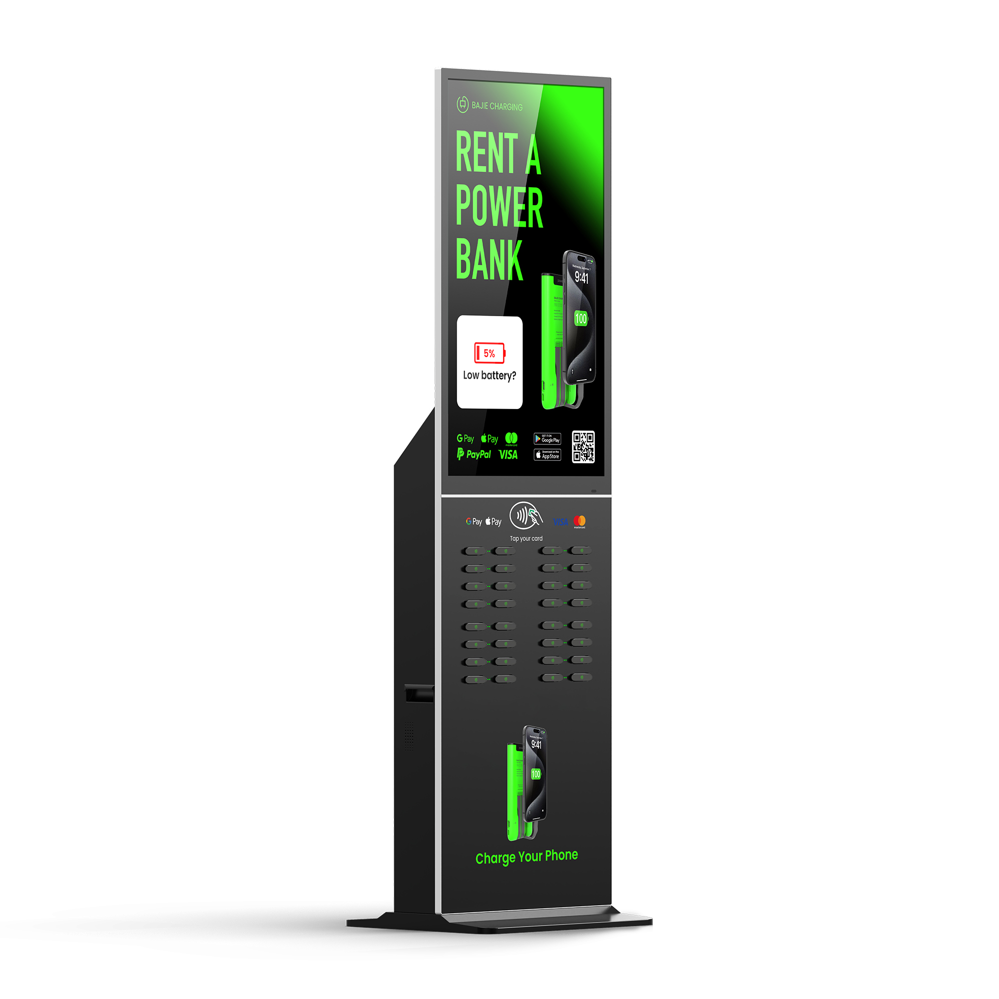The shared power bank station with a POS machine can have the POS integrated or external (for external POS, it can be placed in the middle or on the left).